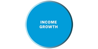 light blue circle graphic with the words “income growth”